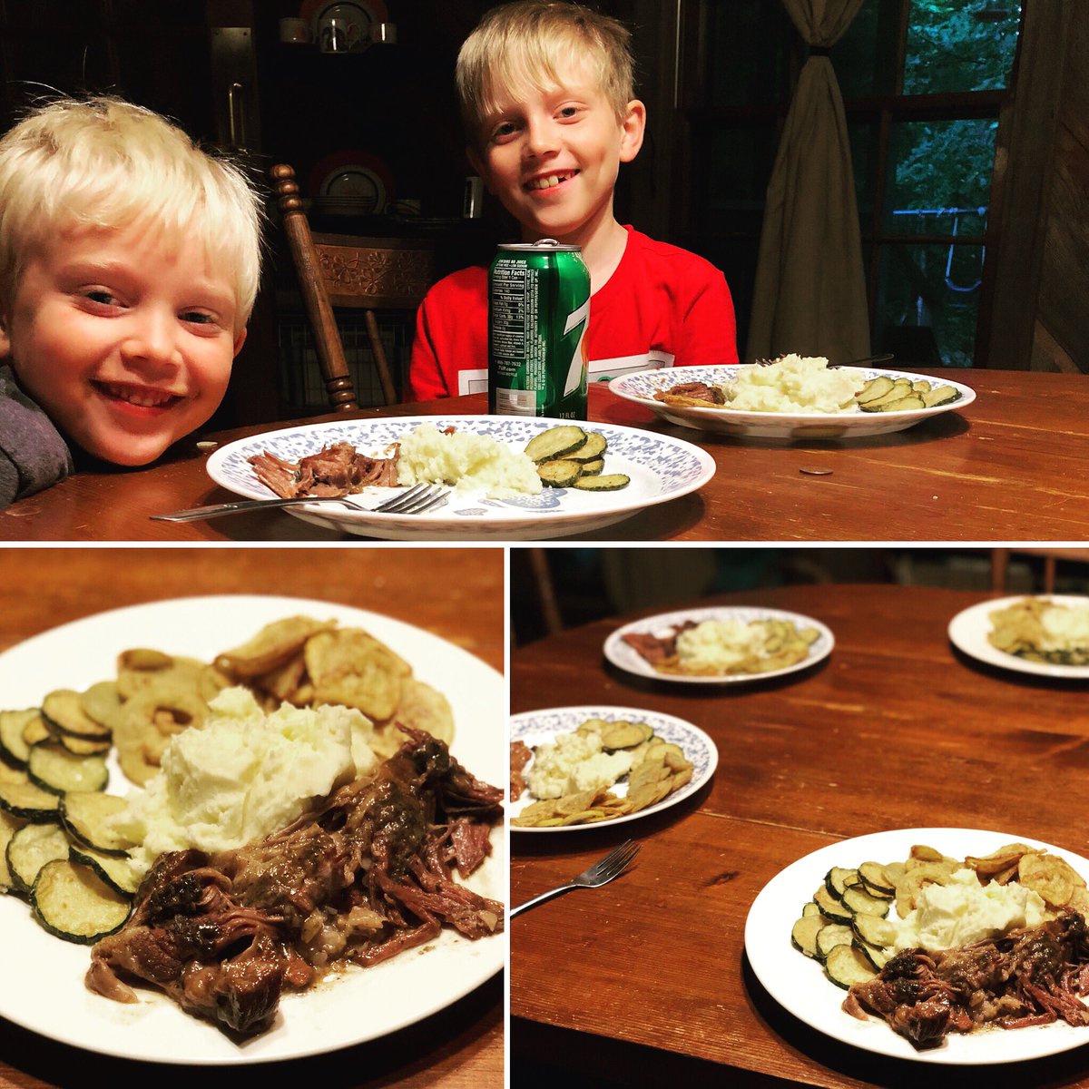 Mccartney33's tweet photo. Big smiles over dinner #roast #mashedpotatoes #friedsquash #friedzucchini #friedgreentomatoes #homegrown #homemade https://t.co/CnbYiGHn7n
