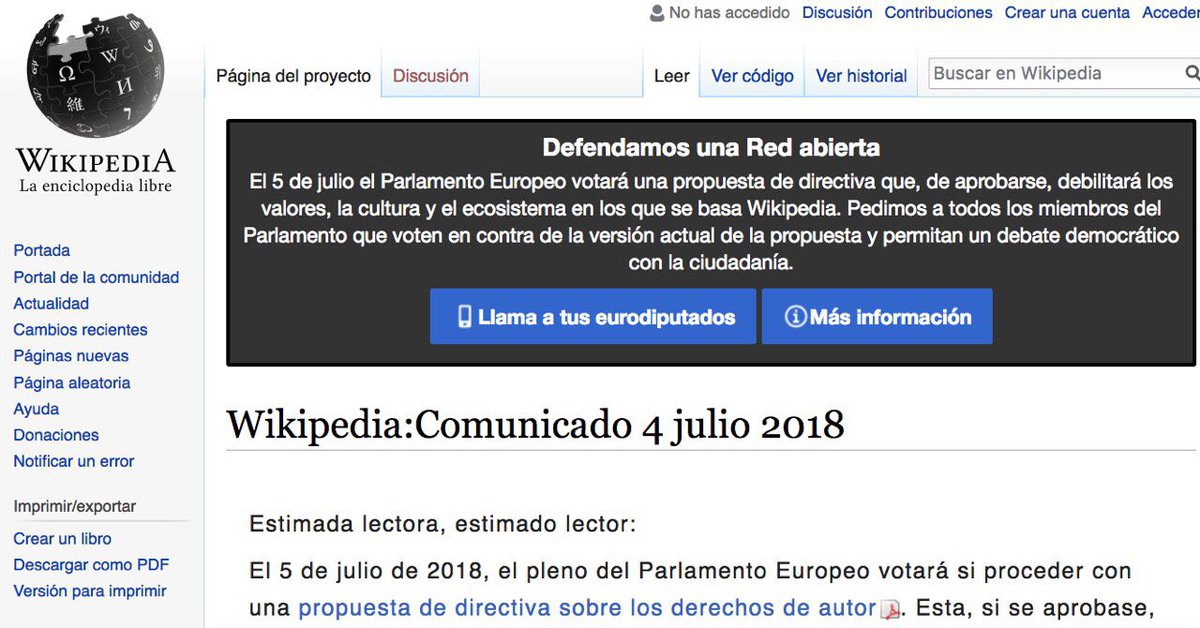 wikimedia_es's tweet photo. #WikipediaSeApaga en protesta contra la reforma del copyright. De aprobarse la actual versión de la propuesta se comprometerían los valores, la cultura y el ecosistema en los que se basa la enciclopedia libre @eswikipedia #SaveYourInternet #SaveWikipedia #SalvemosInternet https://t.co/PdvO1jXfqm