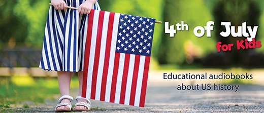 a little girl holding an American flag. She's only photographed from the waist down in a blue and white dress.