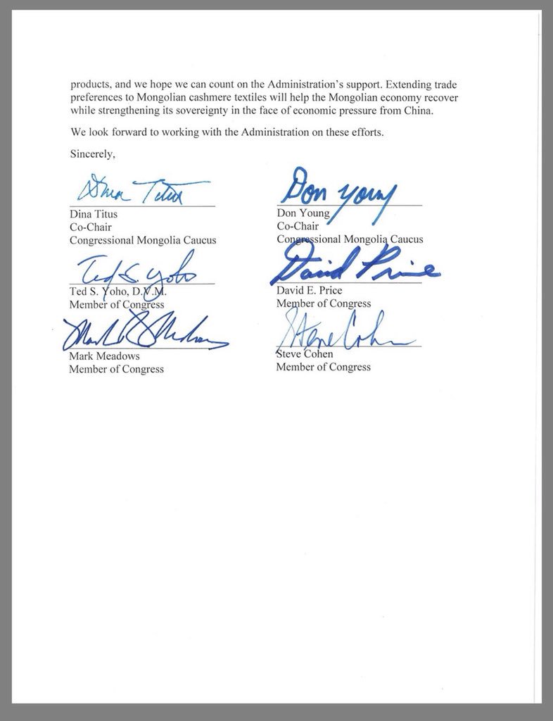 On behalf of Mongolian women entrepreneurs and cashmere producers, I want to thank Caucus Co-Chairs <a href="/repdinatitus/">Dina Titus</a>, <a href="/repdonyoung/">Rep. Don Young</a> and Congressmen from both parties @repmarkmeadows, @reptedyoho, @repdavideprice, @repcohen for their commitment to our valuable bilateral relations