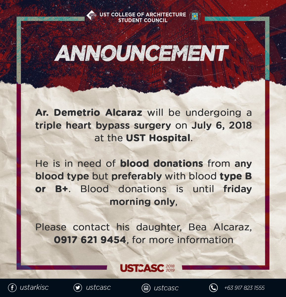 ustcasc's tweet photo. ANNOUNCEMENT!

Blood Donation for Ar. Demetrio Alcaraz

#Arkinunsyo https://t.co/MxdMQlZAv4