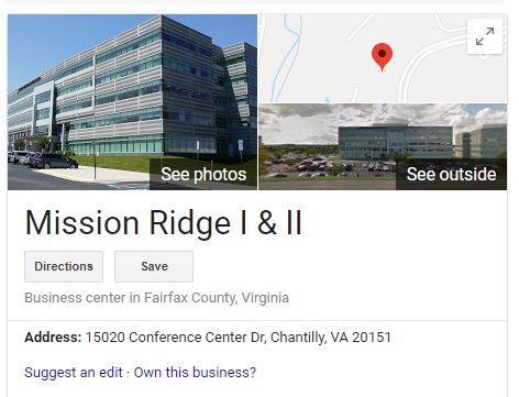 3/ What is Mission Ridge? Well it turns out there is an office park in Chantilly Virginia with buildings called Mission Ridge I & II.