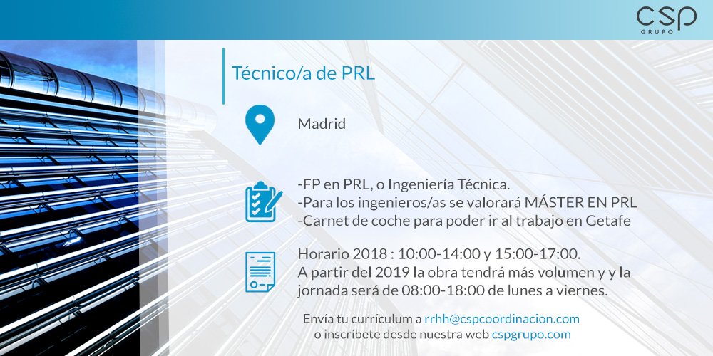 GRUPO_CSP's tweet photo. ¡Oferta Laboral!💼 Buscamos Técnico/a de PRL en Madrid. Si cumples los requisitos, entra en nuestra web e inscríbete: ➡️ https://t.co/7POOyBIJca También puedes hacer RT ¡Gracias! @AyudaExperta  @AlertasTrabajo https://t.co/ZgIfNwneFq