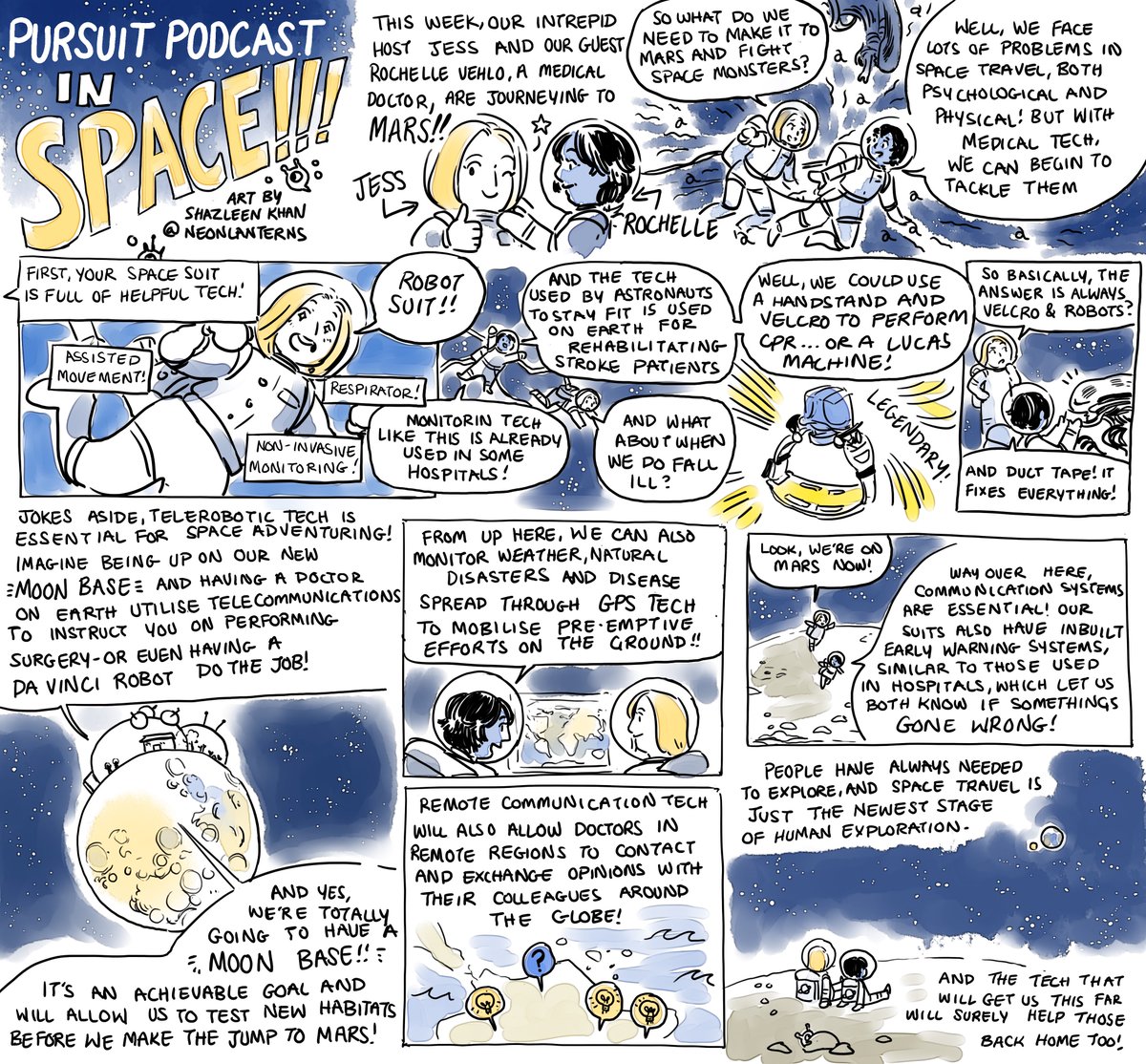 A comic summary of this week's episode showing host Jess and guest Rochelle looking at the tech we'll need to get to Mars
