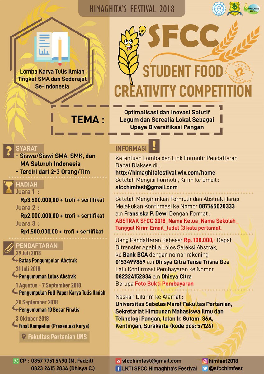 Haihaii!!! Ada yang baru nih untuk kalian anak SMA sederajat di SELURUH INDONESIA🙌🙆

Form pendaftaran beserta ketentuan dapat dicek di himaghitafestival.wix.com/home/