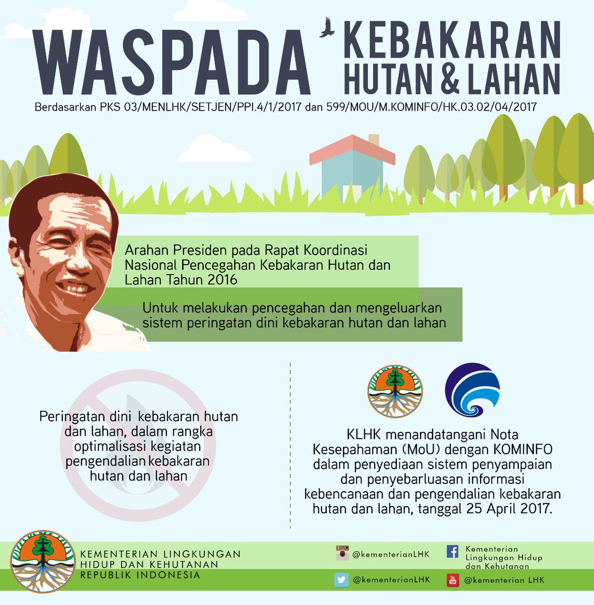 kemenhut_ri's tweet photo. 1. Arahan Presiden @jokowi: Lakukan pencegahan karhutla melalui sistem peringatan dini maka KLHK &amp; @Kemekominfo tandatangani MoU penyediaan sistem penyampaian &amp; penyebarluasan informasi kebencanaan &amp; pengendalian karhutla (25/4).

#KLHK
#CegahKebakaranHutan
#DukungAsianGames2018 https://t.co/OqQucaqdtt