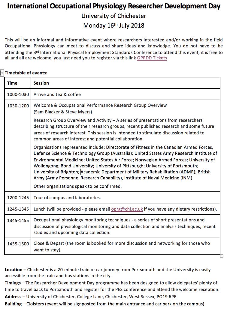 The <a href="/OPRG_UniChi/">OPRG</a> are hosting an occupational physiology researcher day on Mon 16th July <a href="/chiuni/">University of Chichester</a> . Excellent collection of researchers to stimulate discussion on current research interests and techniques. Attendance is free just register eventbrite.co.uk/e/occupational…
