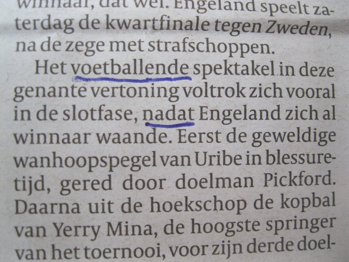 hmblank's tweet photo. Wtf @vksport, spektakel voetbalt niet. Even verderop: 'voetballend onvermogen'. Of je Leo Beenhakker hoort praten. En het is 'toen' Engeland zich winnaar waande. Het zijn maar voorbeelden. #taal #taalfout #engcom #FifaWorldCup2018 https://t.co/Qw46nzaFhi