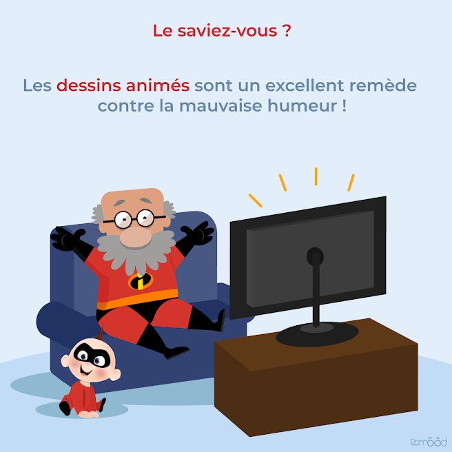 [ #Cinema ]
Dr Mood vous parle des #Indestructibles2, qui sort en salle aujourd'hui !
Les dessins animés permettraient de se détendre, de calmer la mauvaise humeur et de #rire... car le rire libère des endorphines et nous fait nous sentir mieux ! 😃