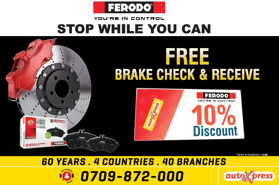 AutoxpressKenya's tweet photo. Come in for a free brake check and receive a 10% discount voucher on Ferodo brake pads and discs #StopWhileYouCan #AutoXpress #LovedCarsLoveUs #FerodoBrakes https://t.co/YH3nWyLoqJ