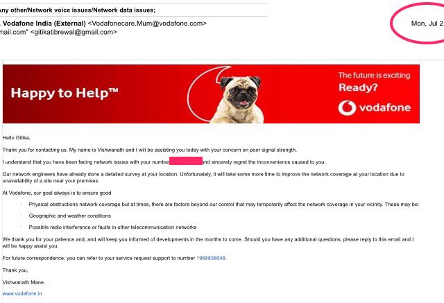 gitikagoes's tweet photo. @VodafoneIN 
The only thing worse than Vodafone network in Mumbai is its customer service.

After complaining for the 10th time or so, I received the same automated reply that I had received two days ago. Proof of how companies these days are fooling us. https://t.co/G7r4slQBnq