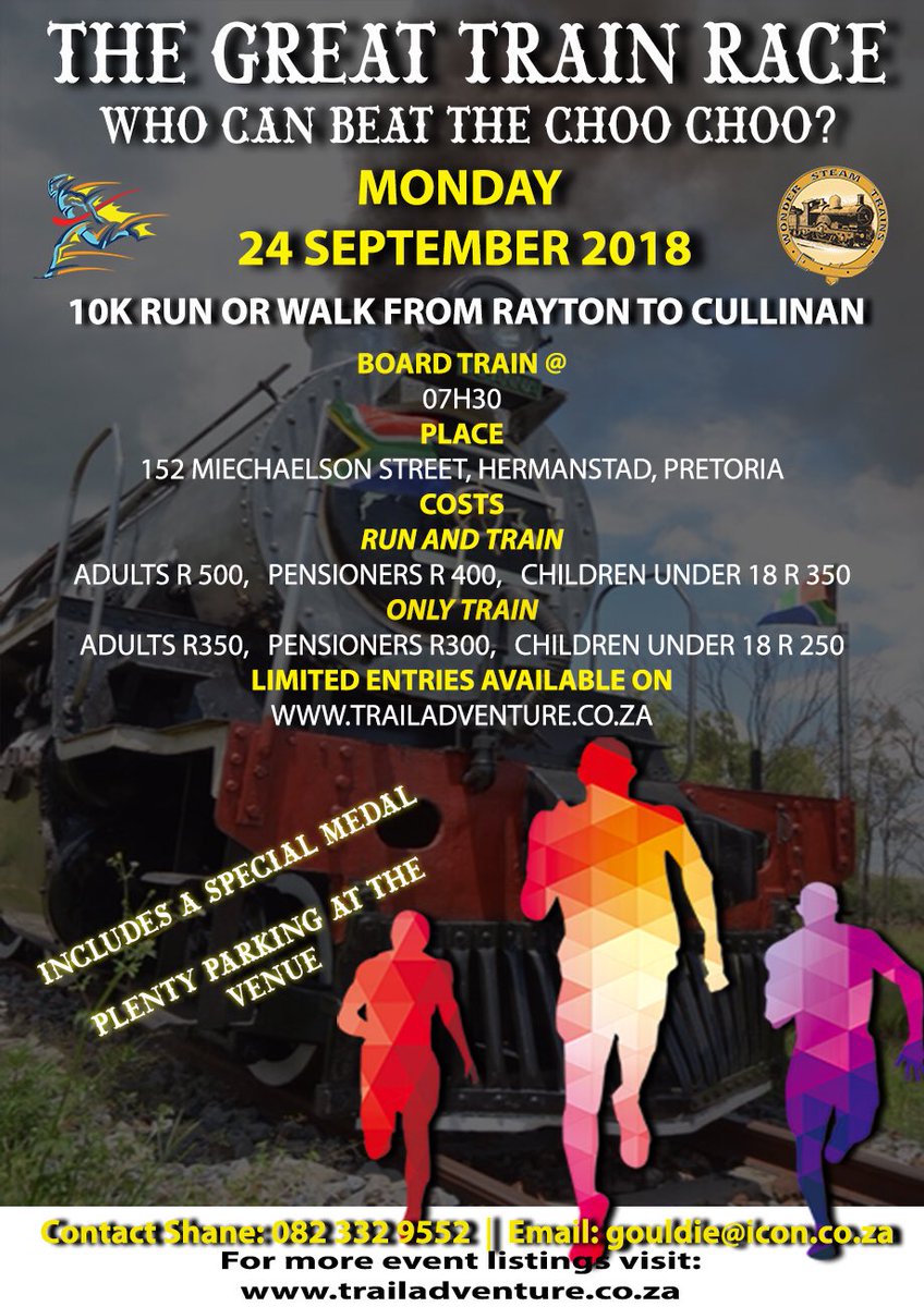 Adventure3Trail's tweet photo. TrailAdv entire THE GREAT TRAIN RACE. Join us for this amazing and unique adventure. Bring the family with it’s a holiday and chill out for lunch at Cullinan after your run. Entries are open on https://t.co/9OiuMcPRAi https://t.co/Bd1fp6pe39