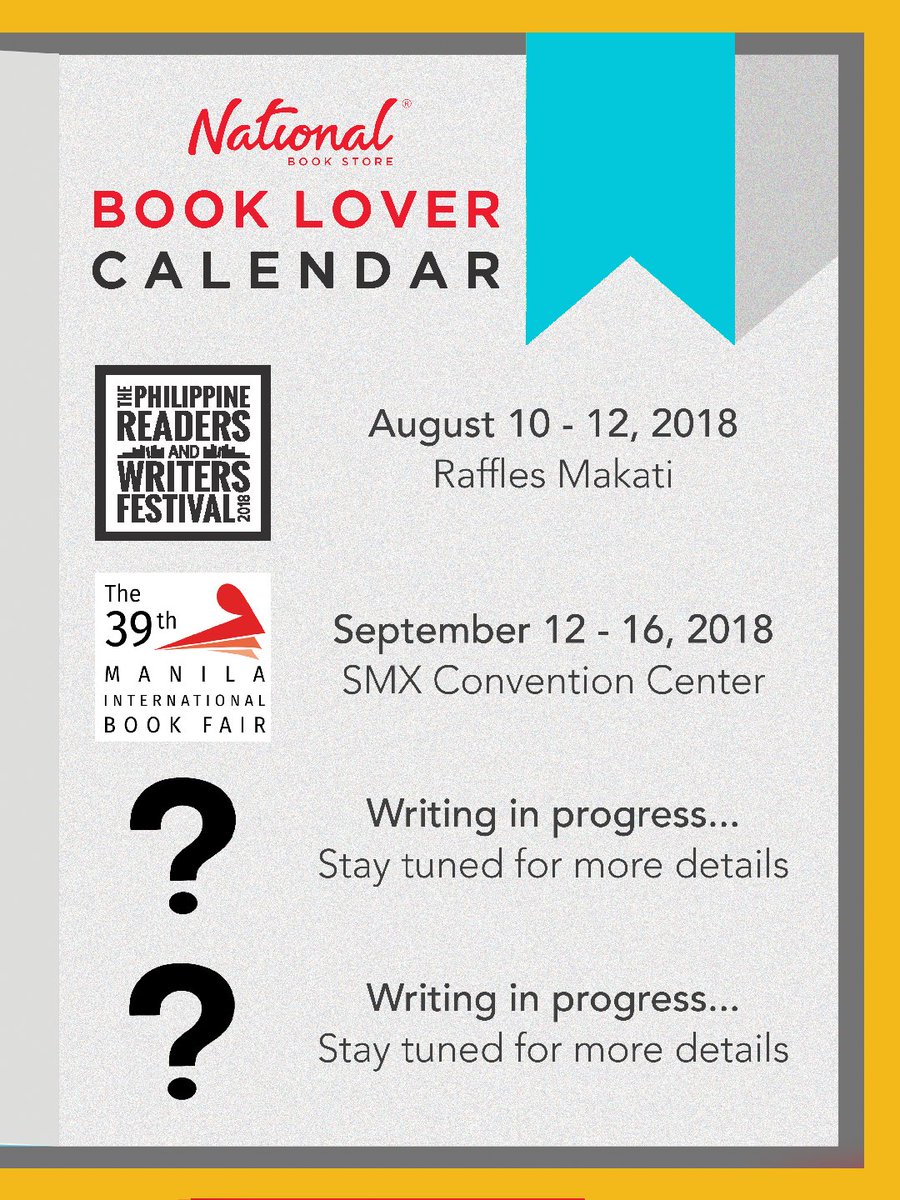 nbsalert's tweet photo. Whether you're a casual reader or a certified bookworm, all of these book events are for you! See you at #PRWF2018 this August and at the #NBS2018MIBF in September.

There are two more events later this year, so watch out for more details about them. #NBSevents #NBSat75 https://t.co/Bl8sXt27lz