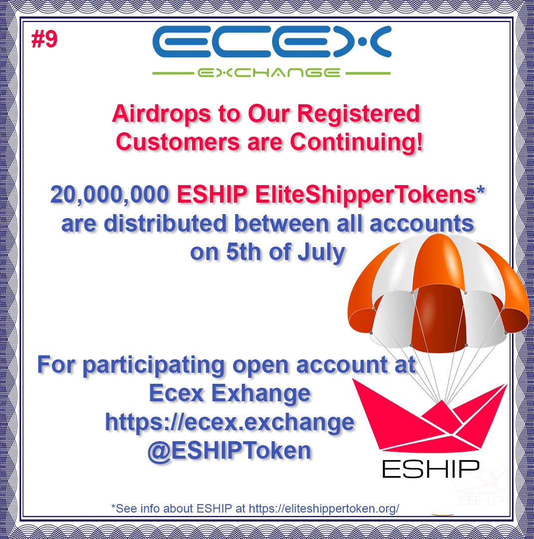 EcexExchange's tweet photo. Airdrop  - New airdrop to our customers - 20 000 000 ESHIP EliteShipper Tokens will be distributed on 5th of July between the Ecex accounts.
@ESHIPToken https://t.co/1RvWqxWjRq      https://t.co/vvypP6cMtV    
#Ecex #ZIG #ESHIP #EliteShipperToken #Airdrop #Ziggurat #EcexExchange https://t.co/3EKMaWdSPp