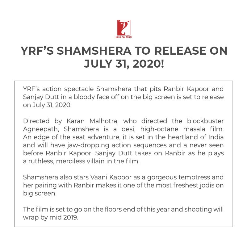 yrf's tweet photo. #Shamshera to release on July 31, 2020! 
#RanbirKapoor | @karanmalhotra21 | @duttsanjay | @Vaaniofficial | @ShamsheraMovie https://t.co/99h6vsEeNG