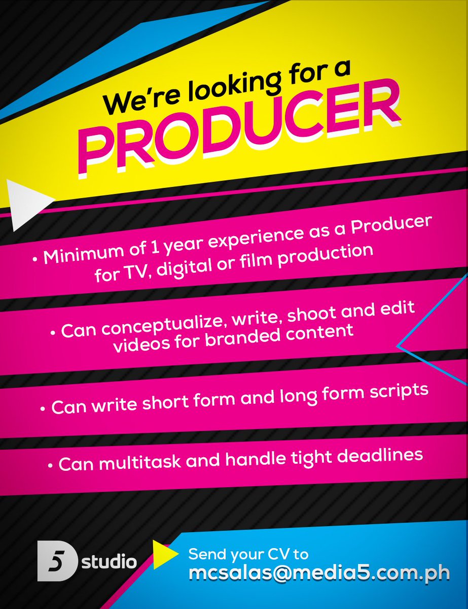 D5StudioPH's tweet image. This is your chance to be a part of the awesome D5 Studio family! #MayOpeningBaDiyan 😎

GG Producer - JLBarrinuevo@media5.com.ph
D5 Studio Producer - MCSalas@media5.com.ph
D5 Studio Production Lead - MSZamesa@media5.com.ph