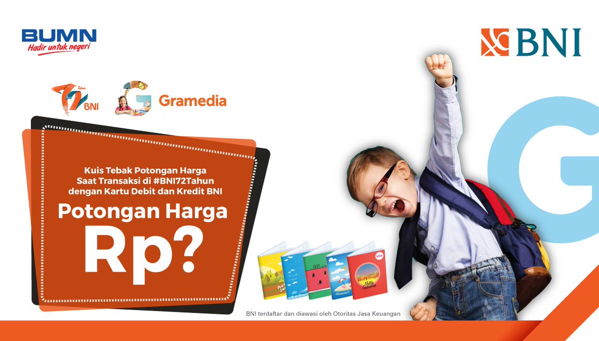 BNI's tweet photo. Waktunya #BNI72Quiz! Hayo coba tebak potongan harga untuk pembelian buku Gramedia saat HUT #BNI72Tahun! Jawab di kolom komentar dan jangan lupa share dan likenya ya tweeps!
.
Jawaban ditunggu hingga hari ini jam 21.00 WIB ya! https://t.co/qcTVlDJxXA
