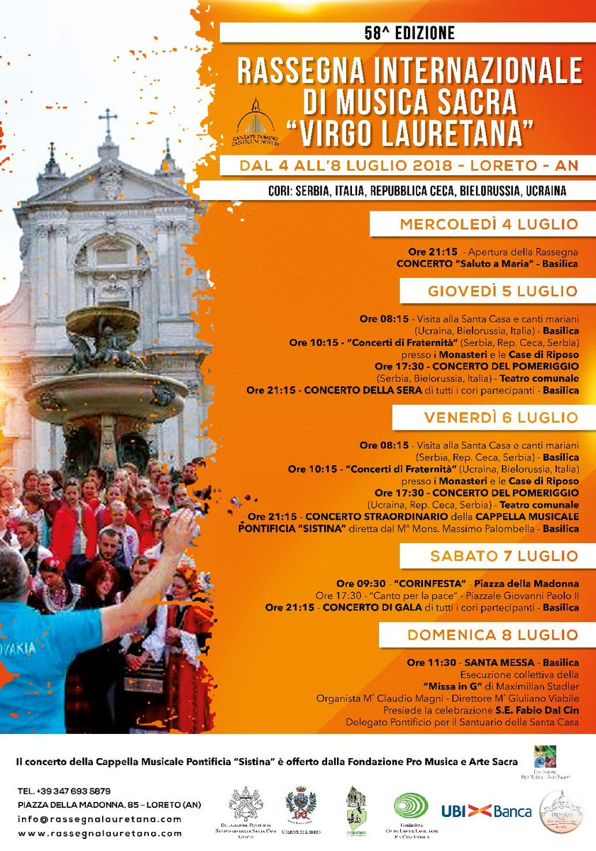 LoretoTurismo's tweet photo. Rassegna #MusicaSacra #VirgoLauretana 💙
Le migliori #Corali del Mondo cantano in onore della #MadonnadiLoreto 🌹
#SantuariodiLoreto #CappellaMusicale #MusiqueSacrée #Choeurs #chorales #ChapelChoir #SacredMusic #OurLadyofLoreto #destinazionemarche
Info: https://t.co/AbB7R3ozFN https://t.co/tphOj67xXS
