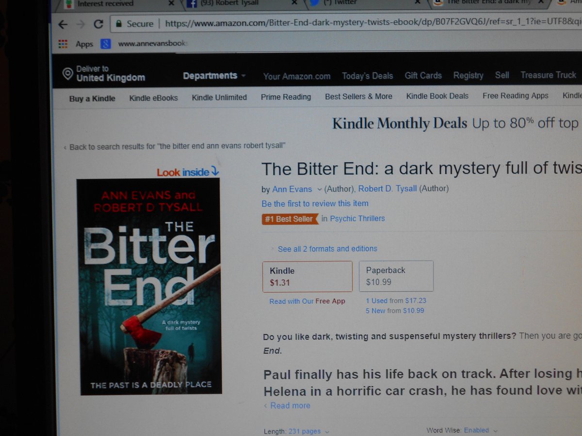annevansauthor's tweet photo. Can't believe my eyes! Our book The Bitter End is out today & in #Amazon.com is already #1Psychics, #3Ghosts #5Witches&Wizards!!! https://t.co/bD8hiaXP9f #BestSellers #thrillers https://t.co/TjSqECxedF