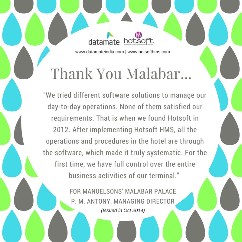 Datamate1993's tweet photo. Thank You Malabar Palace for these kind words. #HappyClients #Hotsoft #ClientTestimonials #Hospitality https://t.co/NLY5FfgTry