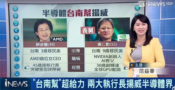 대만 발 뉴스입니다만.. 팩트인지는 모릅니다.

엔비디아의 젠슨 황, AMD의 리사 수가 서로 친척관계라는 뉴스.

젠슨 황이 외숙부, 리사 수가 조카.