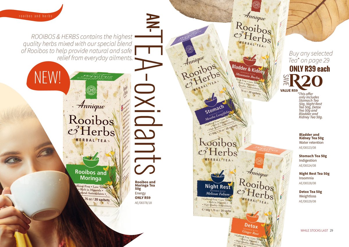 Annique 

Kid's bubble bath only R59 Save R70

Rooibos &amp; Moringa Tea R59

Stomach/ Detox/ Night Rest/ Bladder &amp; Kidney only R39 Save R20