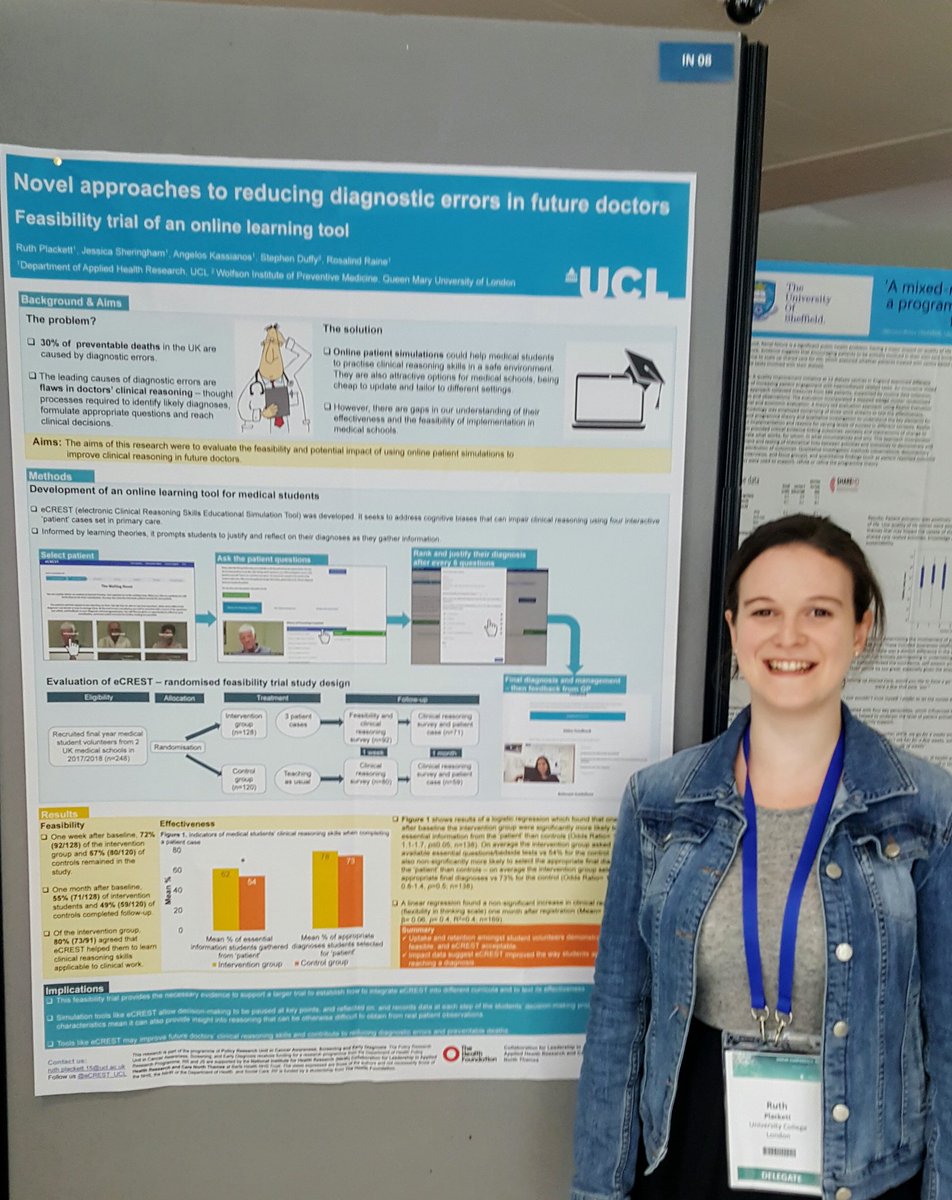 ruthplackett's tweet photo. Come see my poster at #HSRUK18 showing the exciting results of an elearning tool to improve medical students clinical reasoning skills - students who used eCREST gathered more essential information  from the patient than those who didn't! @ucl_dahr @CLAHRC_N_Thames @HealthFdn https://t.co/lXfyjfQMn2