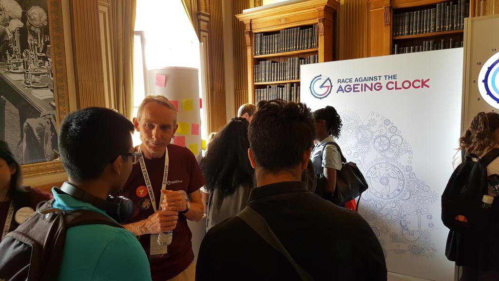 BabrahamInst's tweet photo. Another active day at @royalsociety #summerscience today. Lots of people enjoying talking to Group Leader Gavin about #ageing and #stemcells. Visit us and the #AgeingClock until 16:30. https://t.co/o7uwxvtCTG