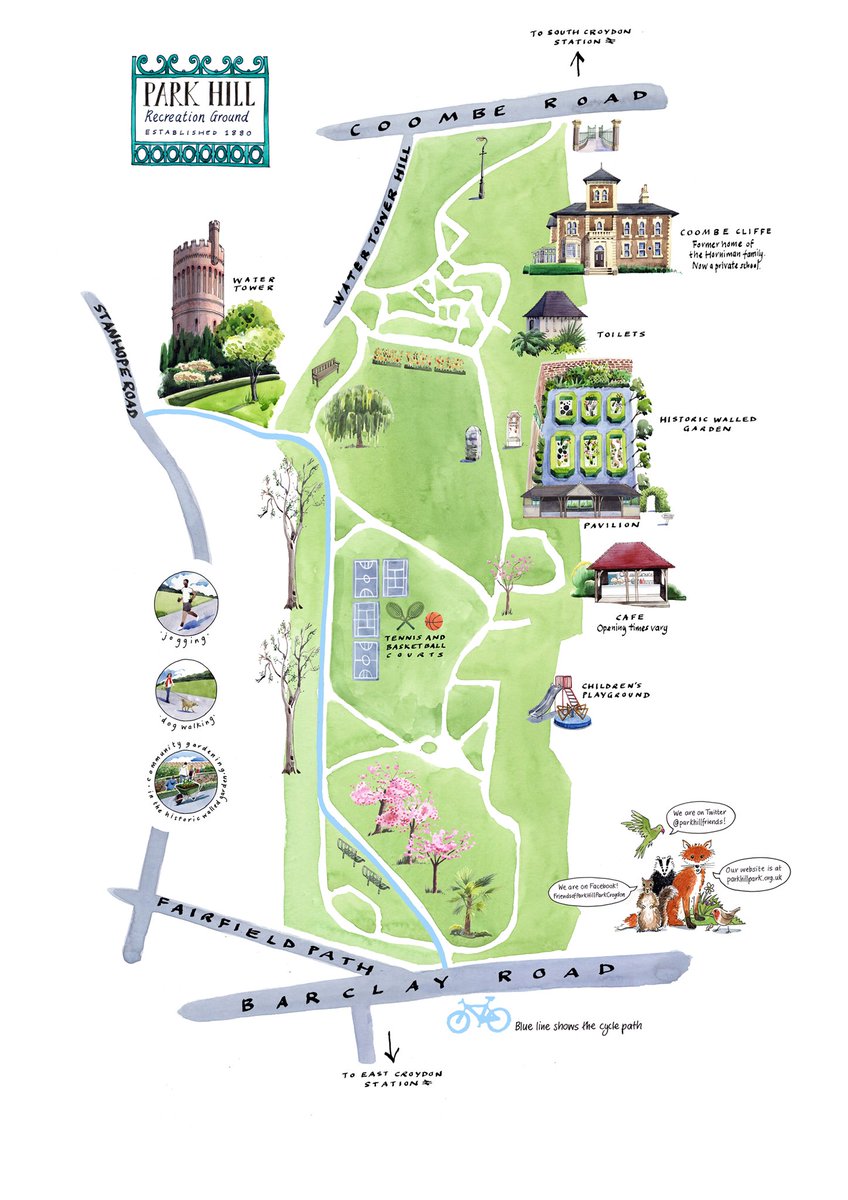 If you are looking for somewhere to relax and enjoy this beautiful weather, you might want to visit the lovely Park Hill Park in #Croydon. Here’s the illustrated map I drew for @parkhillfriends #parklife #communitygardeners