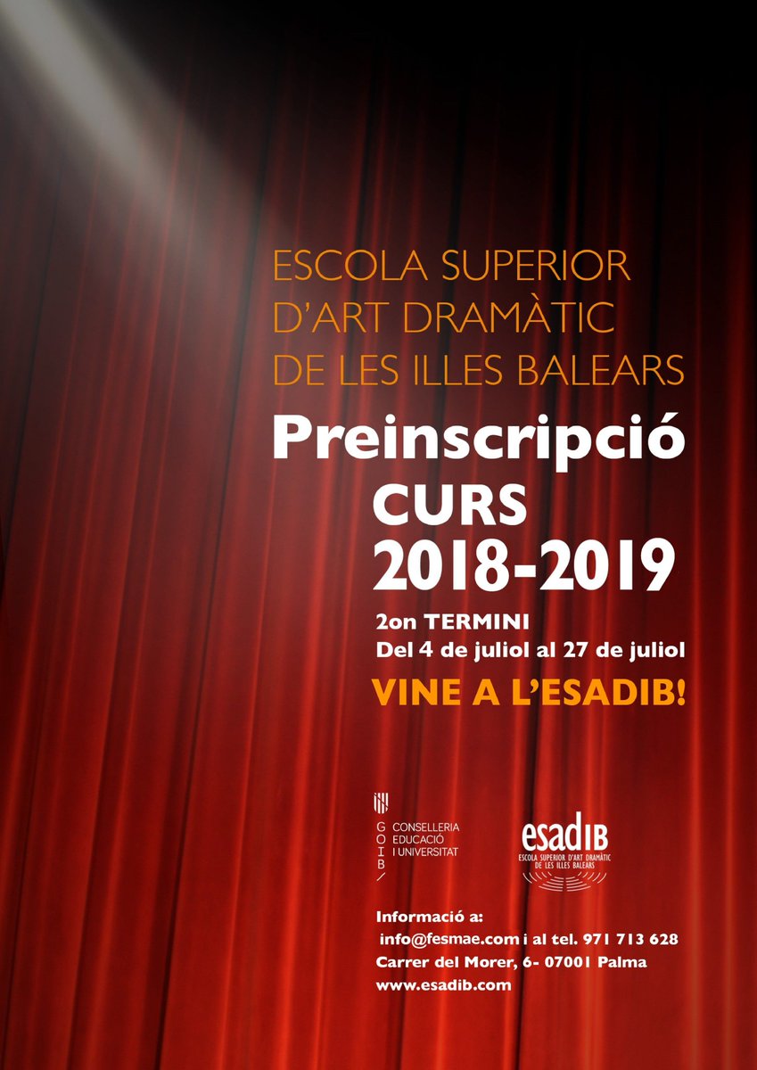 Nou termini de preinscripció per a tots els aspirants que vulguin cursar els estudis superiors d’Art Dramàtic a l’<a href="/ESADIB/">ESADIB</a> . Termini d’inscripció: del 4 al 27 de juliol #ESADIB #Teatre #ArtsEscèniques