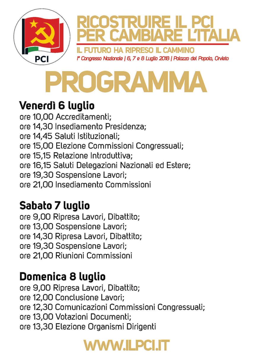 PCITreviso's tweet photo. Ricostruire il #PCI per cambiare l'Italia. Il programma dei lavori del #PrimoCongressoPCI. @ilPCI https://t.co/OqAerHHbtv