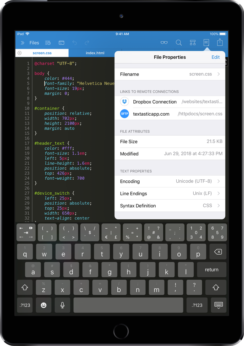 Textastic's tweet photo. Textastic 7 for iOS is now available on the App Store as a free update! Opening multiple files in tabs, SSH terminal connections, a new syntax highlighter, sorting and searching file lists, and more - this is a huge update.

https://t.co/ffDFTeVHA5 https://t.co/ar3KXzCixT