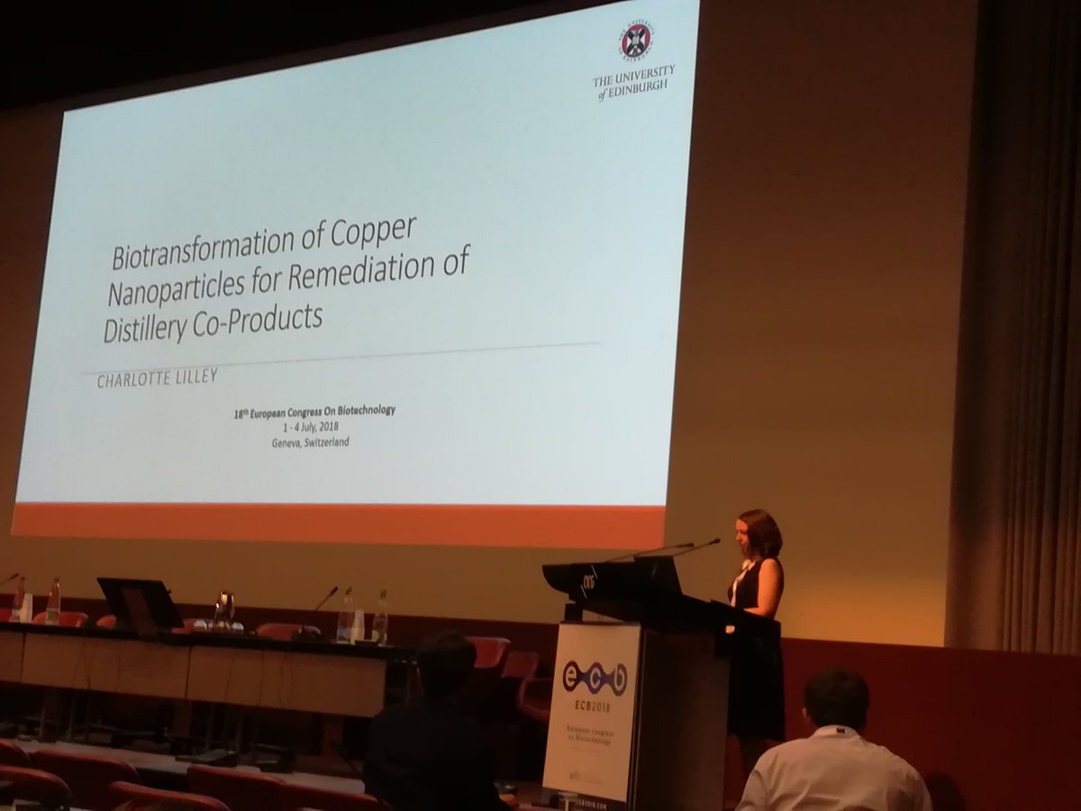 EFB_EBBS's tweet photo. Charlotte Lilley from @SBSatEd amd the @lehorsfall  lab shows us how you can make copper nanoparticles from whisky co-products using synthetic biology and bacteria. #ECB2018 https://t.co/lk4JxbRK3O