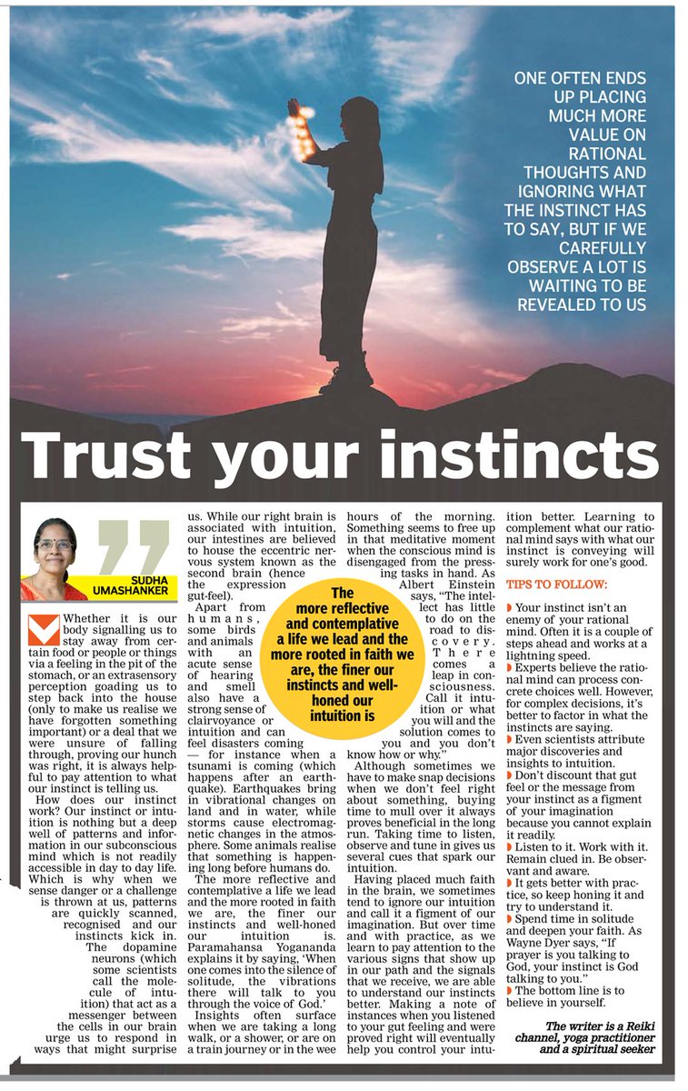 sudhaumashanker's tweet photo. Gut feel , a hunch , an inner prompting - how often have you paid attention to your instincts much less trusted them ? Here's d link 2 my piece in The Asian Age n Deccan Chronicle titled "Trust your instincts" https://t.co/TdtOOaY6uw
#TrustingyourInstincts https://t.co/yAviuhncuR