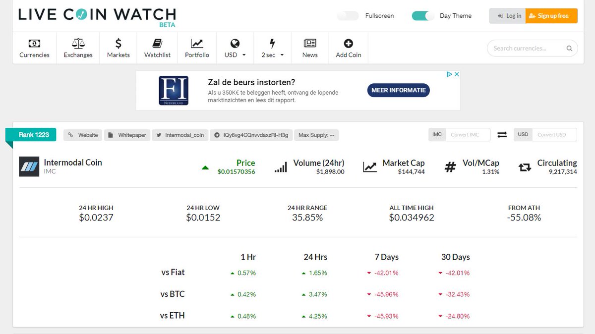 Intermodal_coin's tweet photo. IMC is now also listed on LiveCoinWatch!!  ‘The world first real-time crypto price index with graphs &amp; historical data for 1500+ coins including Bitcoin, Ethereum, Intermodal Coin &amp; other altcoins from major cryptocurrency exchanges.’https://t.co/OkouvubuXg
#IntermodalCoin https://t.co/wOXSWofBC2