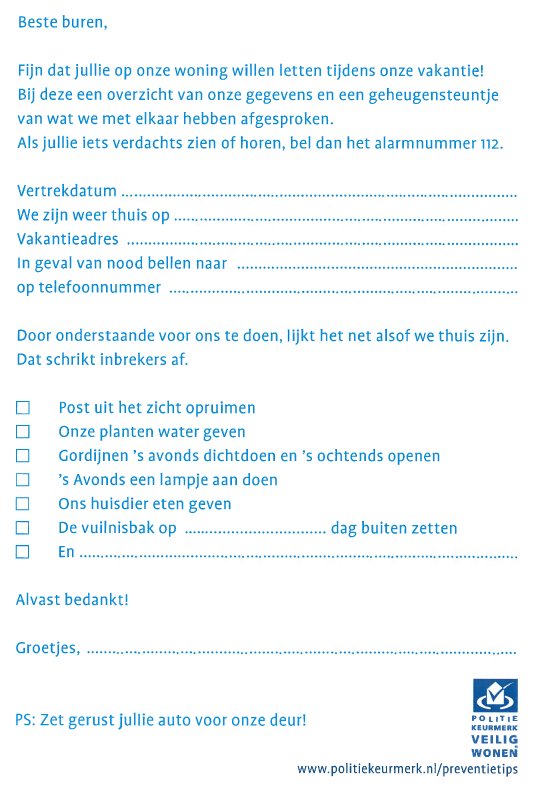 De vakantieperiode komt eraan, voorkom een inbraak met behulp van de buren