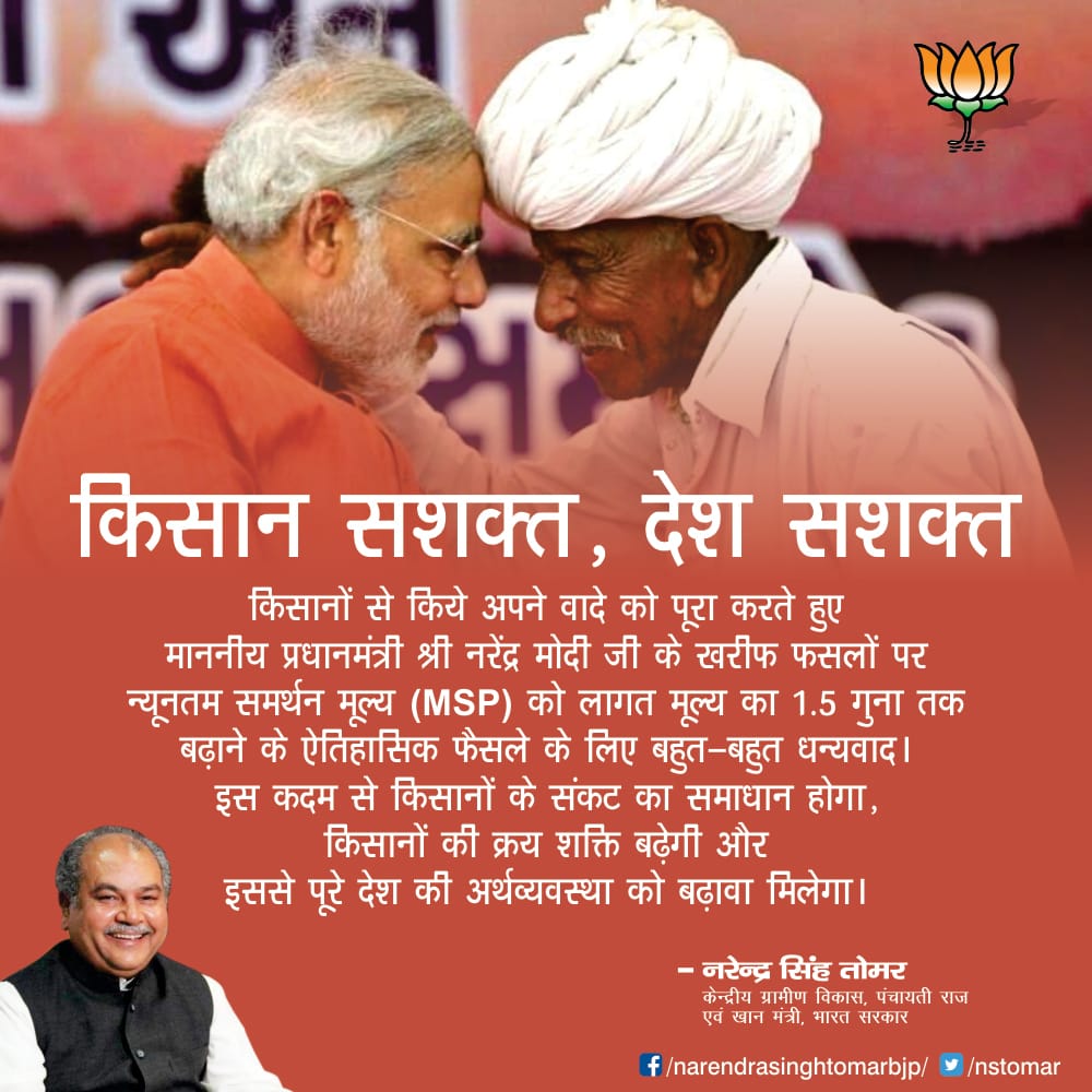 nstomar's tweet photo. किसानों से किये अपने वादे को पूरा करते हुए मान. प्रधानमंत्री श्री @narendramodi जी के खरीफ फसलों पर न्यूनतम समर्थन मूल्य (MSP) 1.5 गुना तक बढ़ाने के ऐतिहासिक फैसले के लिए बहुत-2 धन्यवाद।
इससे किसानों की क्रय शक्ति बढ़ेगी और देश की अर्थव्यस्था मजबूत होगी।
#DoublingFarmersIncome https://t.co/akmuEowqmc