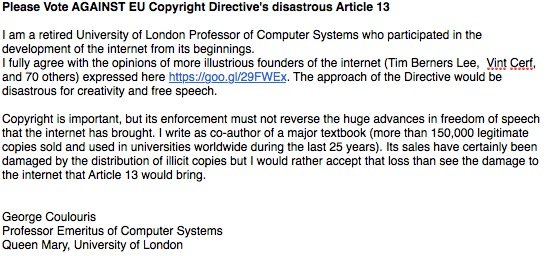 georgio8's tweet photo. @OpenRightsGroup https://t.co/56HBN1SoLY. I’m reviving my personal Twitter account to ask everyone to write to their MEPs about the disastrous EU Copyright Directive they will be voting on tomorrow. Here’s what I wrote: https://t.co/lzrbRrMA7Y
