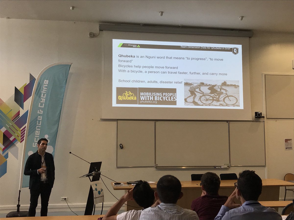 WendzH's tweet photo. The #qhubeka project, mobilising people with bicycles. @Aid326 explaining his role in monitoring riders health during a Grand tour. #sciencecycling https://t.co/sU72BBW2Qe
