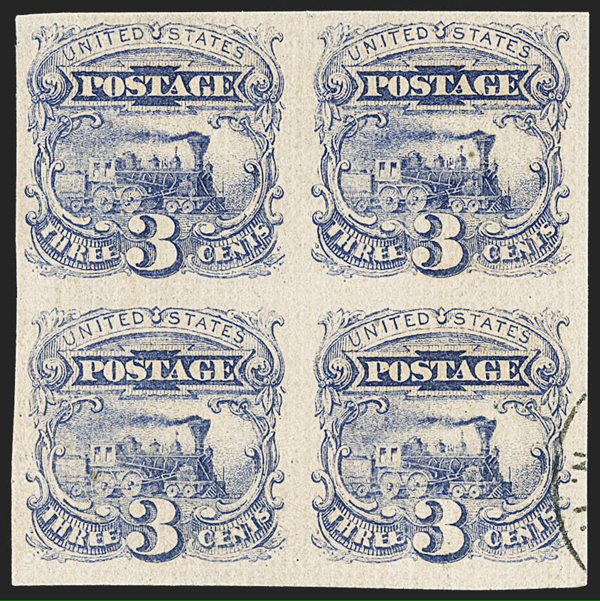 The_WMSC's tweet photo. 3c Ultramarine, Plate Essay, Imperforate (114-E7a, 114-E7b). Block of four, large margins, tropicalized original gum, trace of "National Bank Note Company Sep. 27, 1869" cancel at bottom right

2008 P.F. certificate. https://t.co/KAII3mxcjO