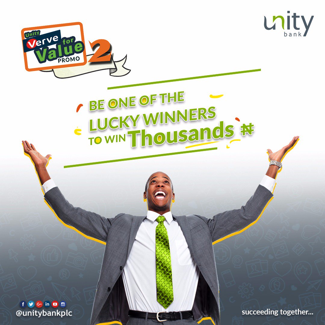 UnityBankPlc's tweet photo. Its the @UnityBankPlc #VerveForValue promo season . 

Be one of the Lucky winners to win Cash &amp; Airtime Whenever you use your #UnityBankPlc issued @VerveCard on Web &amp; POS .

Offer valid from now till 31st December 2018. 
Terms &amp; Condition's apply 
#UnityBank 
#SucceedingTogether https://t.co/d0KCsViqeh
