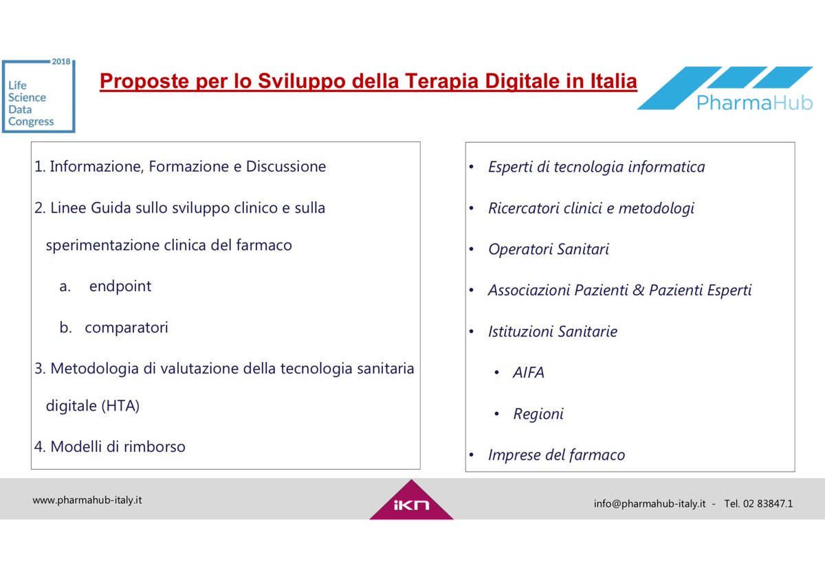 L’Italia é riuscita a diventare paese leader nella Terapia Genica e Cellulare #ATMP. Riuscirà a diventarlo anche nella Terapia Digitale #DTx? #DTMP. Ecco le nostre proposte dal <a href="/Pharma_Hub/">PharmaHub</a> Lifescience Data Congress 2018...<a href="/amiko/">amiko</a> <a href="/FondaPoliMi/">Fondazione PoliMi</a>