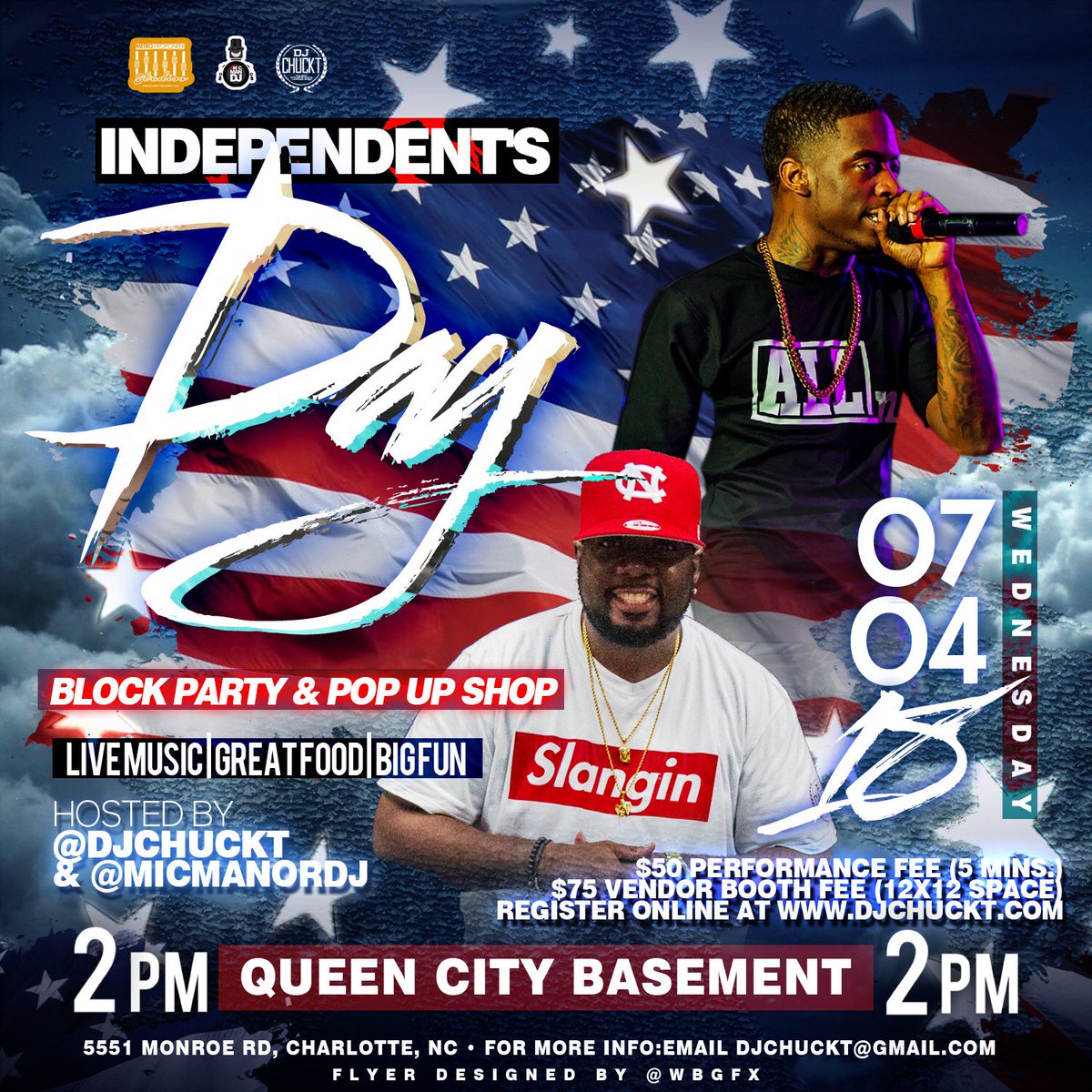 RAPWIRE's tweet photo. @DJCHUCKT &amp; @MICMANORDJ are teaming up to throw the biggest July 4th Block Party in Charlotte, NC at the Queen City Basement (55512 Monroe Rd) from 2pm-8pm! Email djchuckt@gmail.com to perform or be a vendor. Everyone is invited and all ages are welcome to attend! https://t.co/vO2KfUVDpw
