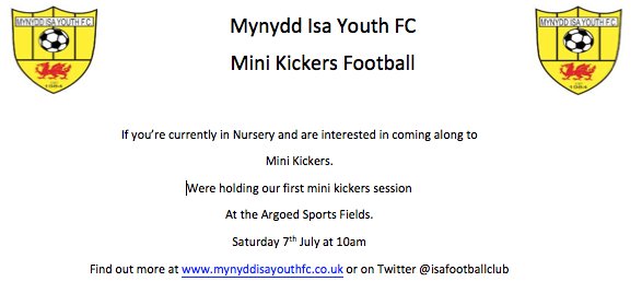 Isafootballclub's tweet photo. Mini Kickers football starts this Saturday 7th July at 10am for children in Nursery. @MynyddIsa https://t.co/RpUJeJicN1