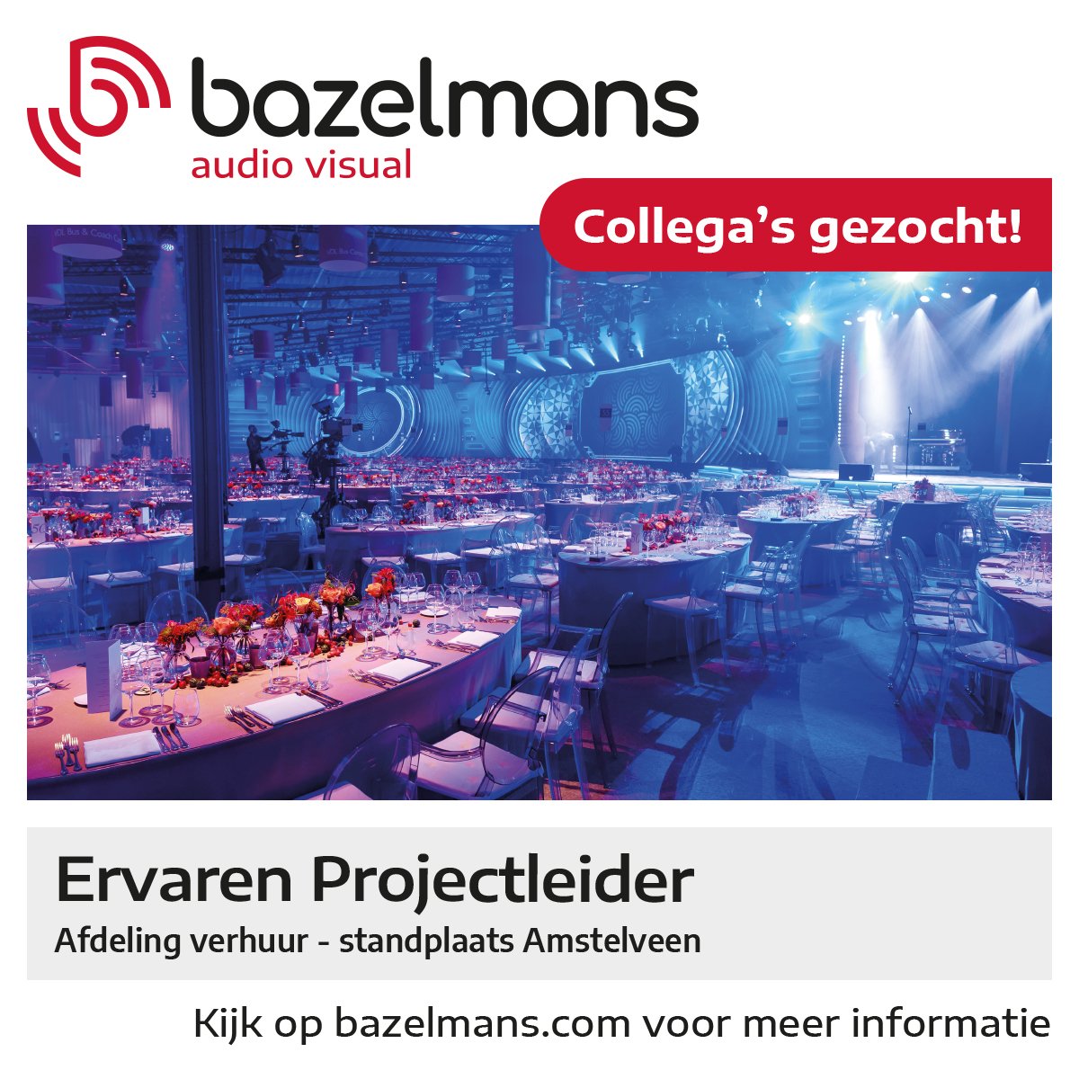 Werken bij #Bazelmans AV? Wij hebben een vacature voor een ervaren #projectleider #verhuur (locatie #Amstelveen). Kijk snel op onze website voor de volledige functieomschrijving! (delen = fijn!) goo.gl/Wpjurh