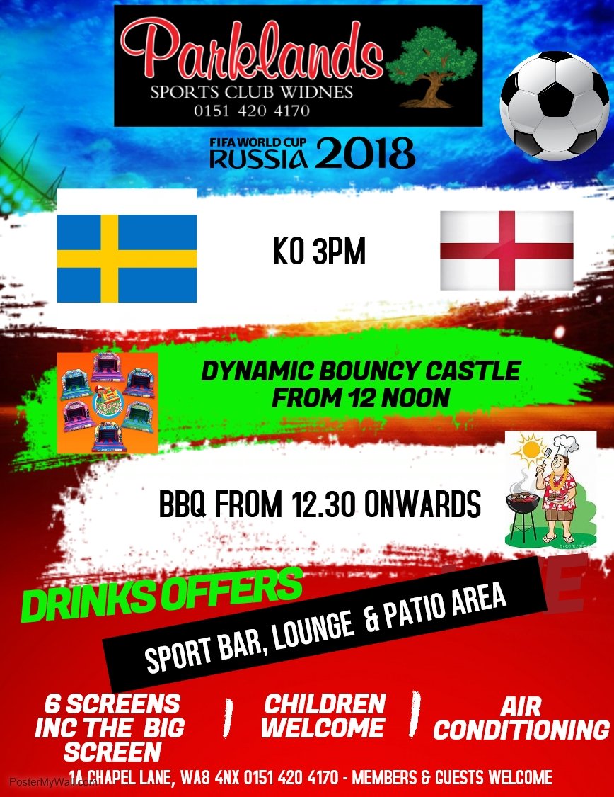 1 /2
Saturday 7th July: 
Quarter Finals.. Watch Sweden take on England in our Air Conditioned Sports Bar &amp; Lounge. 6 Screens including The Big Screen . Children welcome. BBQ from 12.30. Drinks Offers...