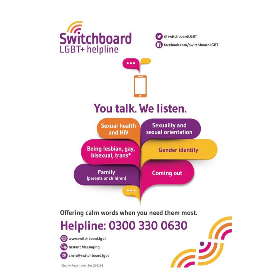 switchboardLGBT's tweet photo. If you need a safe, confidential, listening ear this #Pride contact @switchboardLGBT 

You can get it touch on the phone, by email or through Instant Messaging

https://t.co/HOXKhCfFg8

Helpline number 0300 330 0630

Open 10am - 10pm every day of the week, 365 days of the year https://t.co/9ds4bHrFhF