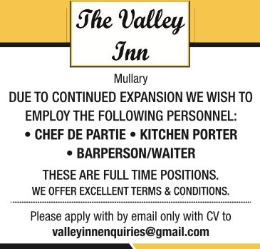 valleyinnlouth's tweet photo. We are now hiring #kitchenporter #chefdepartie and a #barperson.
#Jobs #jobfairy #bar #restaurant #louthchat https://t.co/lwJltDZ5Vs