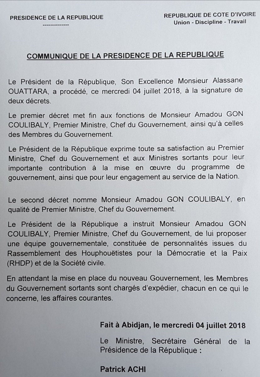 Gouvciofficiel's tweet photo. Le Président Alassane Ouattara a mis fin aux fonctions du Premier ministre ainsi qu'à celles des membres du Gouvernement #gouvci https://t.co/AmVQq6zg8m