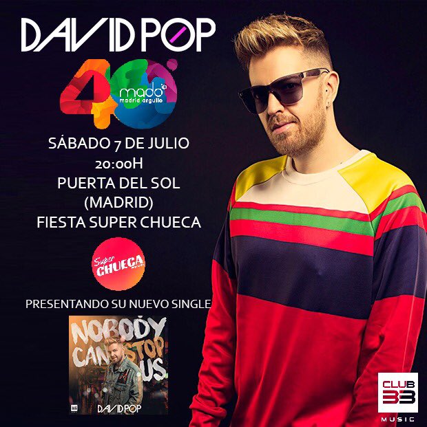 Este #Sábado estaré en la #PuertadelSol de #Madrid a las 20:00 presentando #nobodycanstopus —-> youtu.be/Kx7HbBhGw8o 
Os espero a tod@s por la Libertad , el amor , la tolerancia y el respeto !!! 🎵 🌈#lovewins #LoveIsLove @club33music <a href="/MADOrgullo/">MADO Madrid Orgullo</a> #SuperChueca